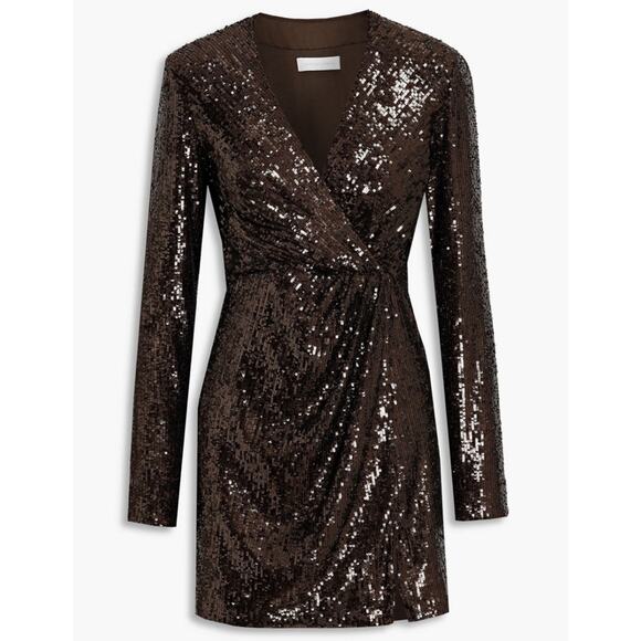 NWT Jonathan Simkhai Brown Monty Wrap-Effect Sequined Jersey Mini Dress - Picture 4 of 4